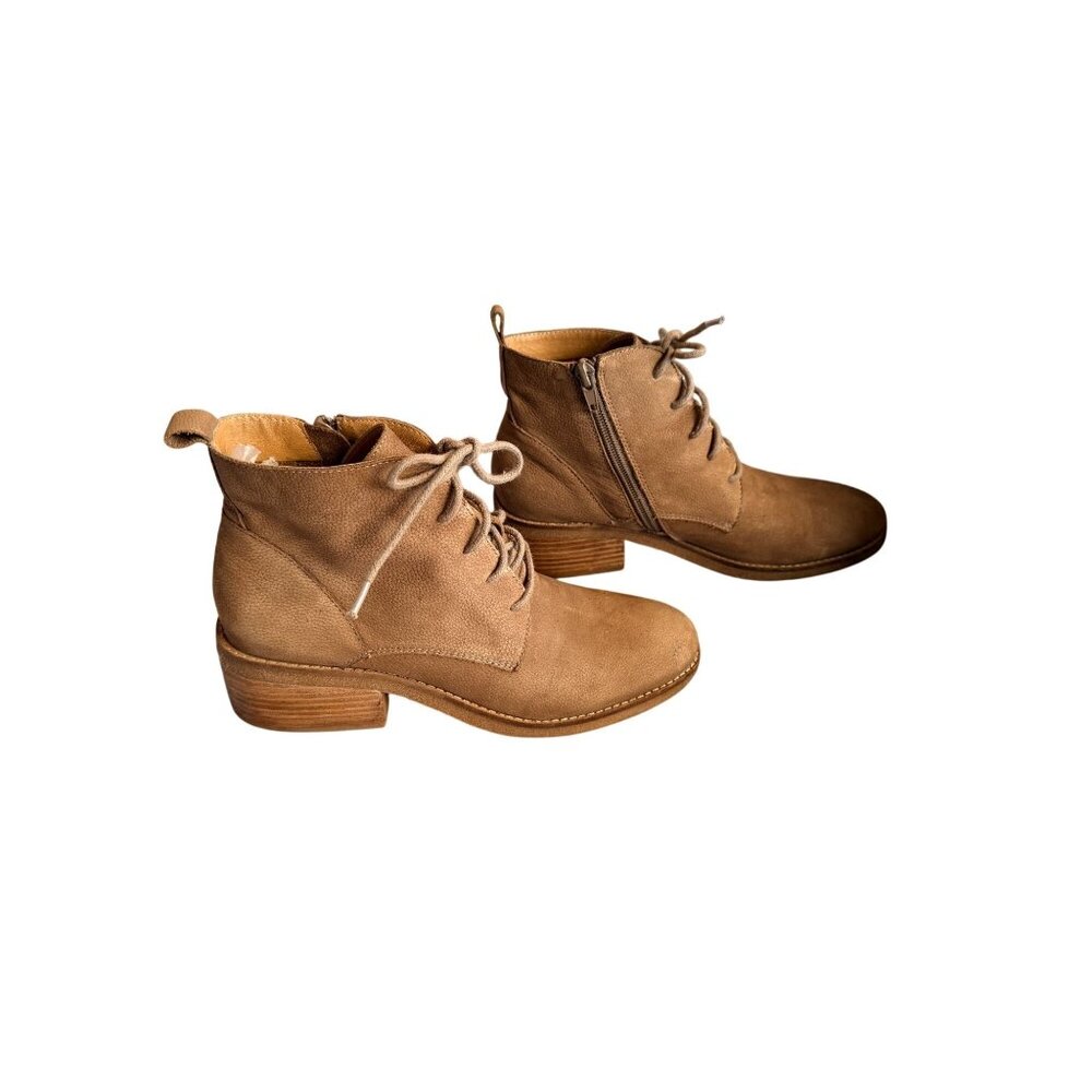 Lucky Brand Tan Suede Ankle Boots - lace up and side zip western chic style